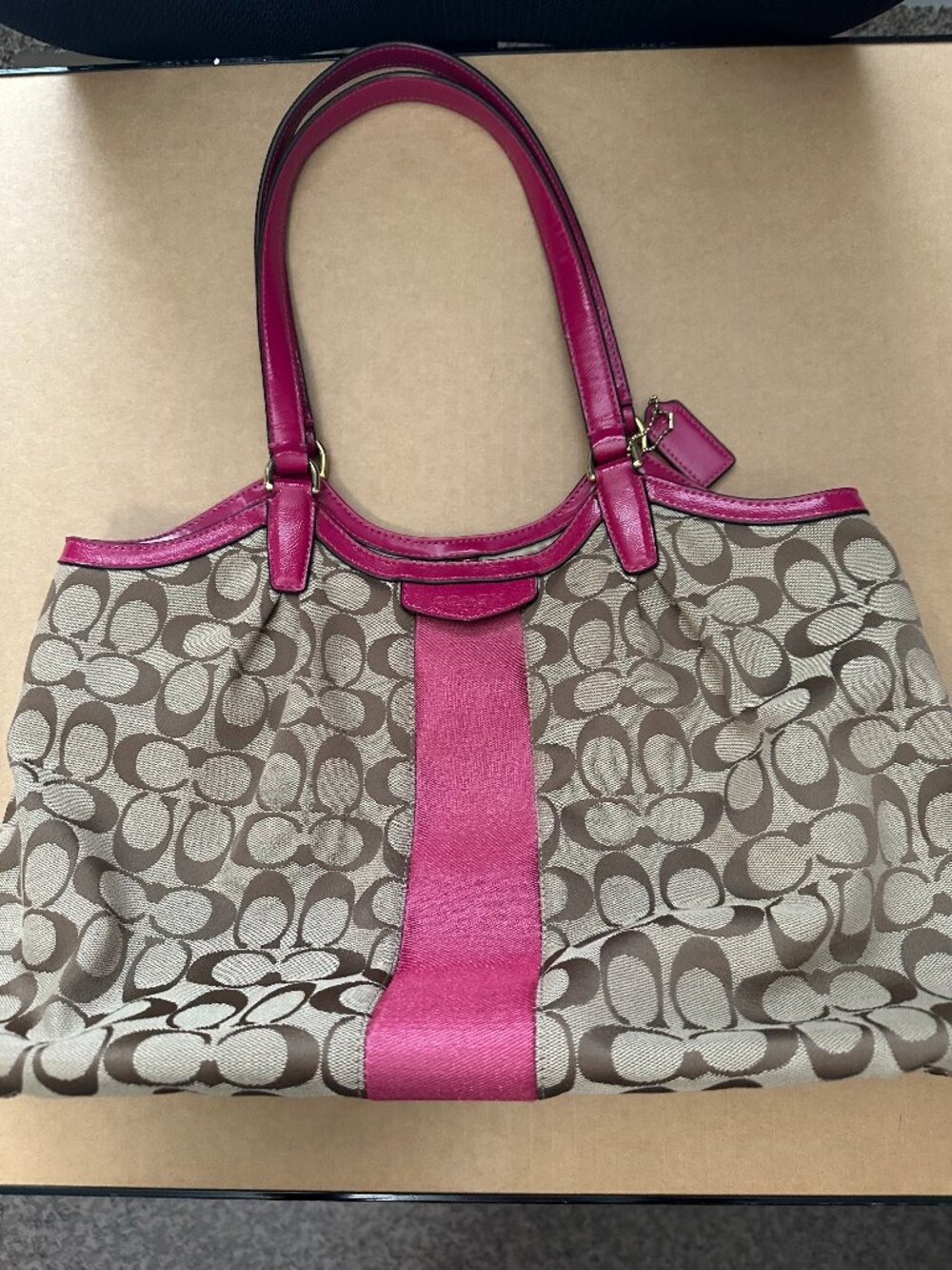 Coach Signature Jacquard Canvas Shoulder Bag – Pink & Brown accents